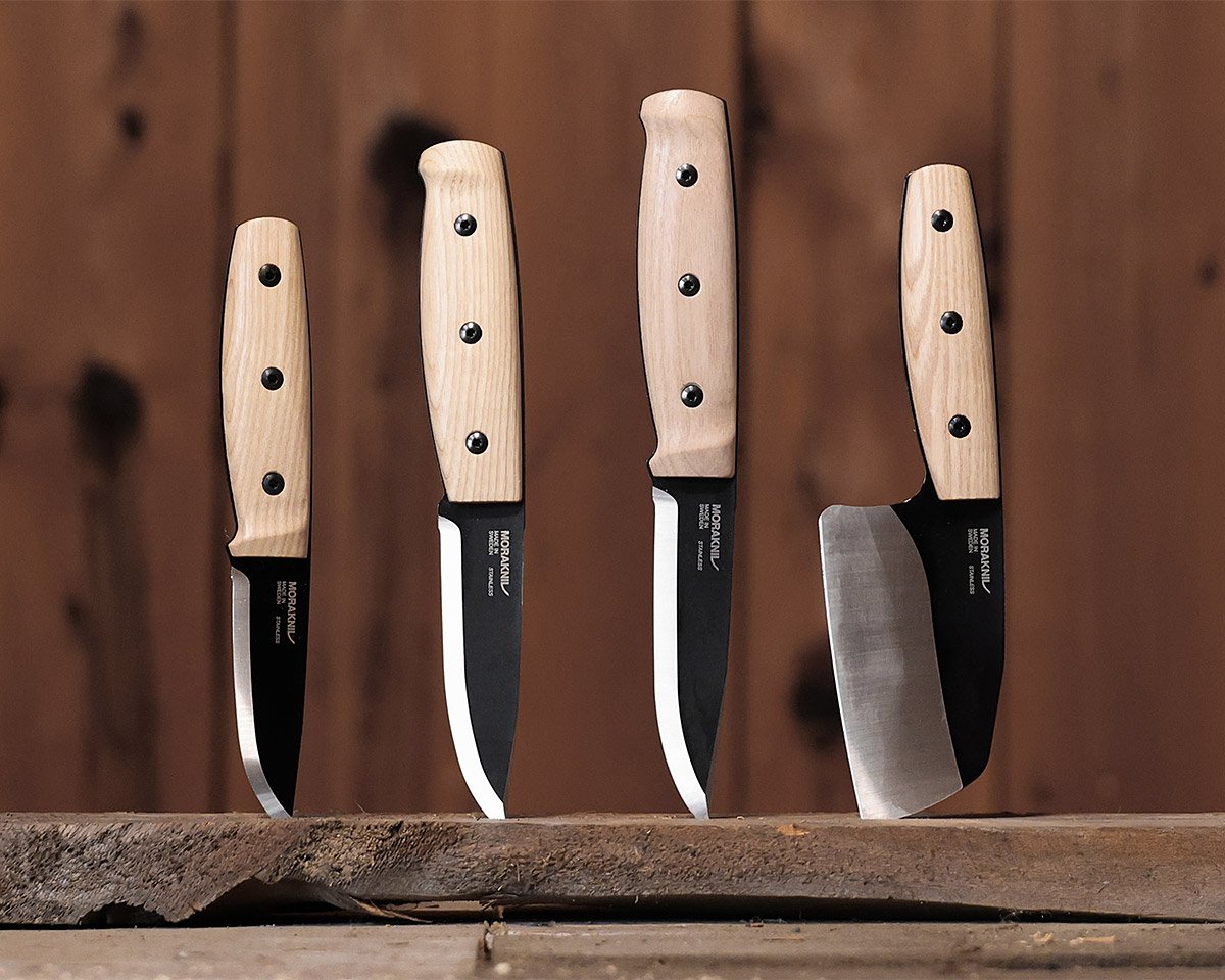 Bright Ash Wood Pairs Nicely with Full Tang Black Blades in these Classic Morakniv Knives